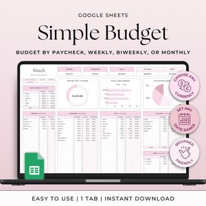 Simple Budget Tracker Monthly Expenses Weekly Budget Paycheck Planner Bi-Weekly Budgeting Template Spreadsheet Personal Finance Planner Pink
