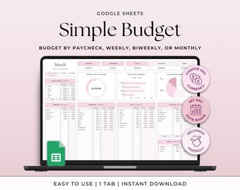 Simple Budget Tracker Monthly Expenses Weekly Budget Paycheck Planner Bi-Weekly Budgeting Template Spreadsheet Personal Finance Planner Pink
