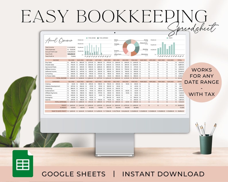 Easy Bookkeeping Template | Small Business Bookkeeping Spreadsheet | Income and Expense Tracker | Profit and Loss | Accounting Spreadsheet 