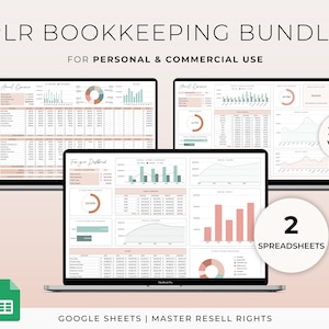 May include: Two Google Sheets spreadsheets for bookkeeping, one titled "Annual Overview" and the other "Fin Your Dollars". The spreadsheets feature charts, graphs, and tables with a pink and green color scheme. The text "249$ VALUE" and "2 SPREADSHEETS" are visible in the image. The image also includes the text "GOOGLE SHEETS | MASTER RESELL RIGHTS".