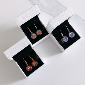Folk Art Dangle Earrings | Hungarian Earrings | Flower Cabochon Jewelry | Traditional Floral Motifs | Personalized Gift | Stainless Steel