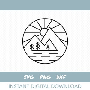 Escena de montaña SVG, amanecer de montaña simple, vector de dibujo de línea, descarga digital instantánea