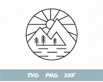 Mountain scene SVG, simple mountain sunrise, line drawing vector, instant digital download