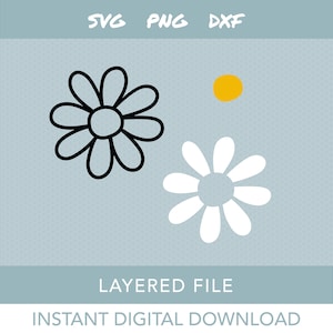 Puede incluir: Un archivo digital en capas para manualidades, con dos dise&ntilde;os de margaritas. Una margarita es en blanco y negro, la otra es blanca con un centro amarillo.