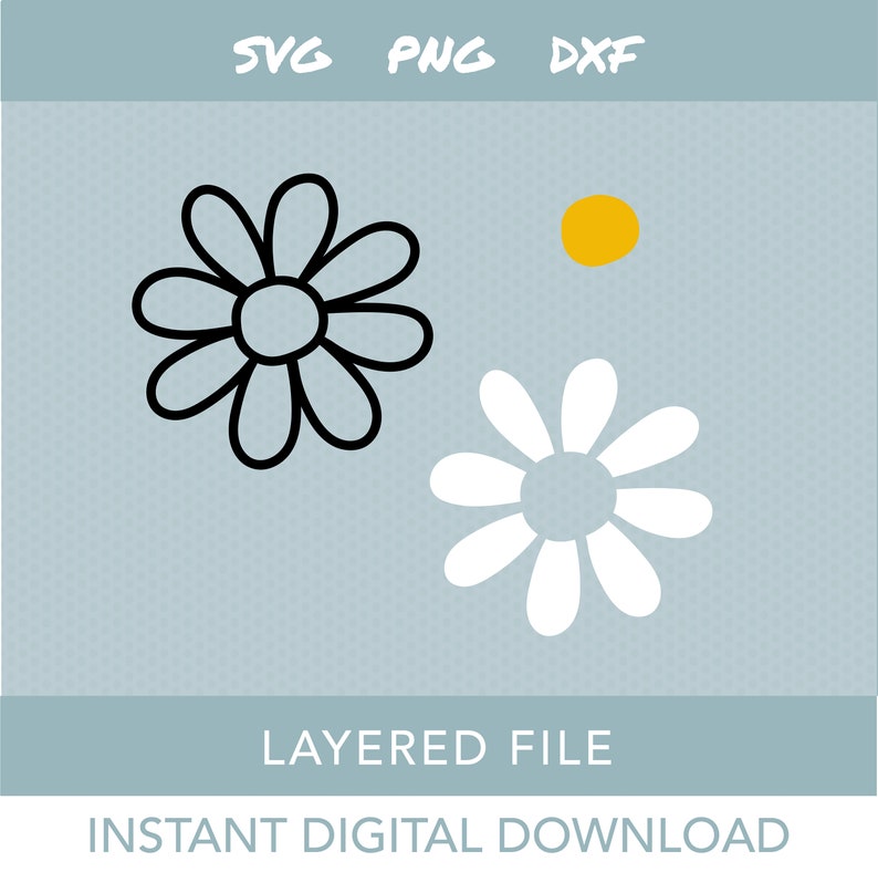 Puede incluir: Un archivo digital en capas para manualidades, con dos dise&ntilde;os de margaritas. Una margarita es en blanco y negro, la otra es blanca con un centro amarillo.