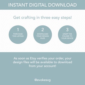 Puede incluir: Un gr&aacute;fico azul claro con texto blanco que explica c&oacute;mo descargar archivos digitales. El texto dice "INSTANT DIGITAL DOWNLOAD", "Get crafting in three easy steps!" e incluye tres pasos numerados: "1. PURCHASE THIS LISTING", "2. DOWNLOAD YOUR DESIGN FILES", "3. UNZIP THE FOLDER TO YOUR DEVICE". El gr&aacute;fico tambi&eacute;n incluye el texto "As soon as Etsy verifies your order, your design files will be available to download from your account!" y "@evokesvg".