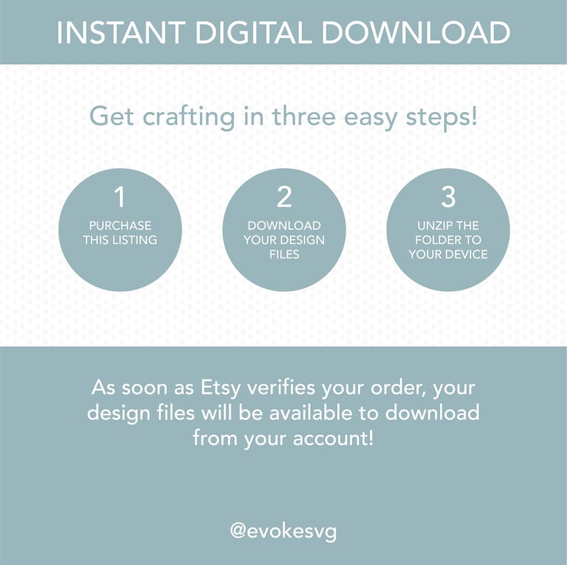Puede incluir: Un gr&aacute;fico azul claro con texto blanco que explica c&oacute;mo descargar archivos digitales. El texto dice "INSTANT DIGITAL DOWNLOAD", "Get crafting in three easy steps!" e incluye tres pasos numerados: "1. PURCHASE THIS LISTING", "2. DOWNLOAD YOUR DESIGN FILES", "3. UNZIP THE FOLDER TO YOUR DEVICE". El gr&aacute;fico tambi&eacute;n incluye el texto "As soon as Etsy verifies your order, your design files will be available to download from your account!" y "@evokesvg".