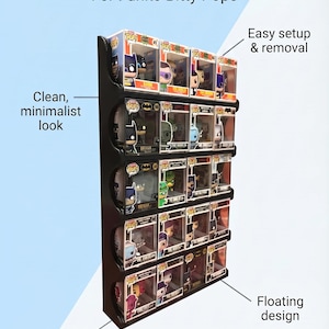 May include: Black display shelf showcasing Funko Bitty Pops. The shelf features a clean, minimalist design with a floating appearance. The text reads "SHOW OFF YOUR COLLECTION" and "Organize & showcase your collectibles with style."