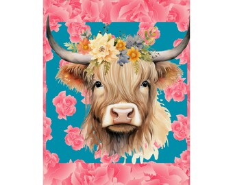 Highland Cow Graphic Design Poster - Matte Cow Art Print - Carnation Cow Wall Art - Rustic Highland Cow Decor - Farmhouse Chic Poster