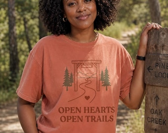 Open Hearts Open Trails Shirt, Black Outdoors Tee, Inclusive Hiking Shirt, Black Camping Gift, Trail Lover Tee, Welcoming Nature Shirt