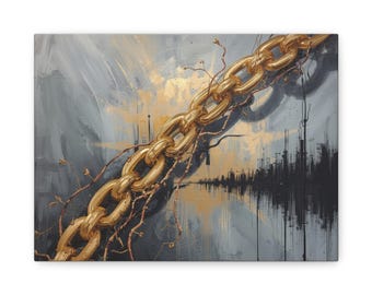 Gold Chain Abstract Canvas Art, Moody Textured Wall Decor