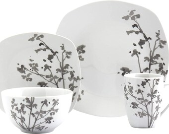 Cherry Blossom Grey Square 16 Piece Dinnerware Set. White Dinnerware Set with Plate, Salad Plate, Cereal Bowl, and Mug (Service for 4)