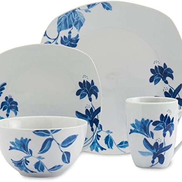 16 Pc Blue Ceramic Dinnerware Set for 4 Floral Casual Rectangle Piece Microwave Safe