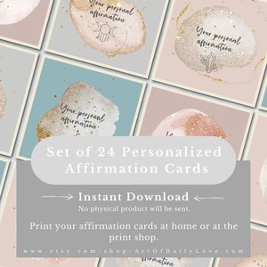 24 Personalized Affirmation Cards, Gold Effects, Digital Product, 9x9cm