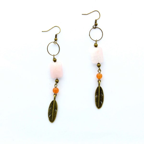 Boucle d'oreilles en  Pierre quartz rose et Pierre agate orange pour femme