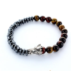 Bracelet en pierres naturelles d&#39;Oeil de tigre, Hématite et une tête de dragon