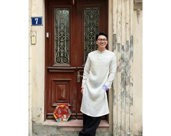 Men's Ao Dai Beige Gold Brocade Taffeta Vietnamese Traditional Tunic For Wedding Tet Tea Ceremony Engagement Modern Formal Style