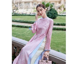 Pink Brocade Ao Dai Dress Four Panel Traditional Vietnamese Dress Longevity Pattern Elegant Long Sleeve Wear Mid Autumn Festival Photoshoot