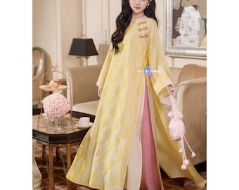 Yellow Brocade Ao Dai Silk Dress: Tho Doi Pattern, Designer Women's Outfit
