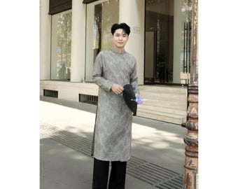 Men Ao Dai Traditional Vietnamese Wedding Tet Cloud Weave Silk Double Layer Gray Groom Wear For Tea Ceremony Photos Portraits