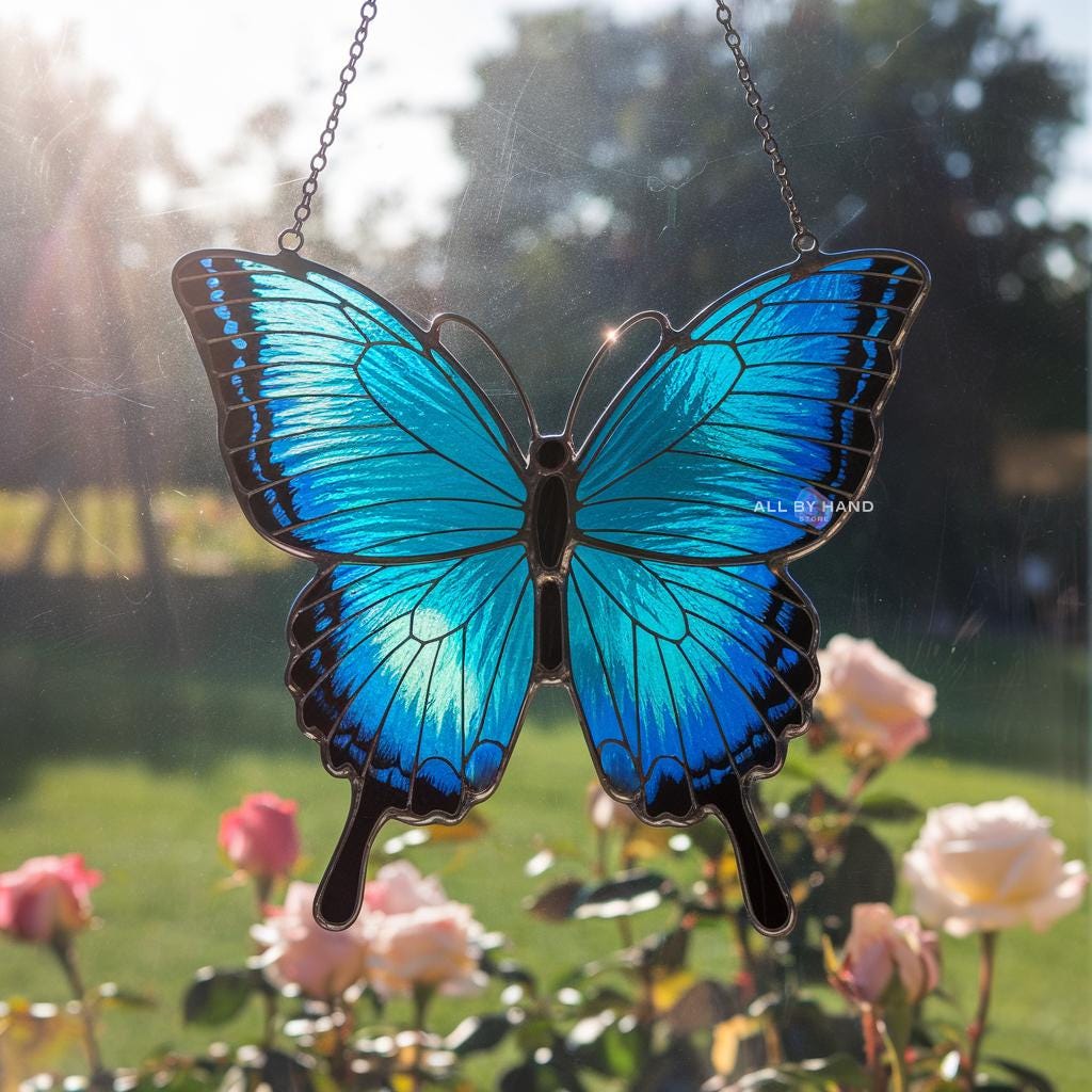 Papilio Ulysses Suncatcher Butterfly Stained Glass Window Hanging Butterfly Lover Gift Ornament Gift For Mom Blue Black Butterfly Home Decor