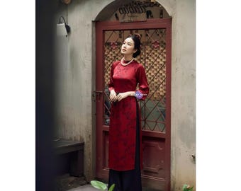 Red Silk Brocade Ao Dai with Bamboo Leaf Print Modern Vietnamese Dress for Tet and Tea Ceremony Elegant Ao Dai For Tea Ceremony Photoshoot