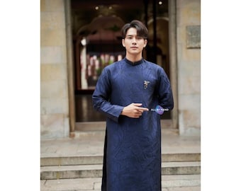 Mens Modern Ao Dai Navy | Red | White | Orange | Cream | Green | Blue Brocade Lily Pattern Back Zipper For Vietnamese Wedding Tea Ceremony