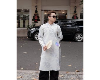 Vietnamese Blue | Beige Brocade Ao Dai for Men Garden Motif Traditional Tunic Modernized Design Snap Buttons  Lunar New Year Tea Ceremony