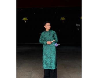 Vietnamese Men's Ao Dai Green Dragon Brocade Traditional Wedding Tea Ceremony Groom Formal Tunic Lunar New Year Engagement Outfit