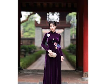Purple Velvet Ao Dai Handmade Embroidered Traditional Vietnamese Dress Luxury Tea Ceremony Outfit For Women Formal Occasion Look
