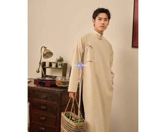 Men Ao Dai Linen Beige Vietnamese Traditional Dress Modern Minimalist Button Mandarin Collar Photoshoot Outfit Áo Dài Nam Linen Cách Tân