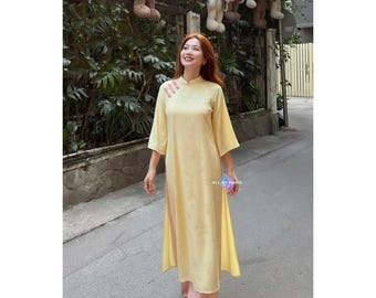 Modern Yellow Ao Dai Silk Brocade Flared Sleeve Vietnamese Dress for Photoshoot Wedding and Tet Women Yellow Ao Dai Cach Tan