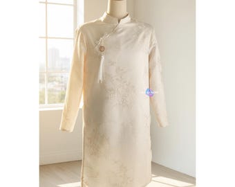 Men's Modern Ao Dai Brocade Spring Pattern Vietnamese Traditional Tunic Beige|Blue|Pink Wedding Tet Outfit Mandarin Collar Charm Included