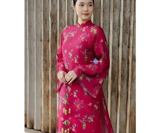 Pink Ao Dai Printed Silk 4-Panel Long Ao Dai Dress Floral Collar Bell Sleeve Vietnamese Traditional Dress for Holiday Wedding Party