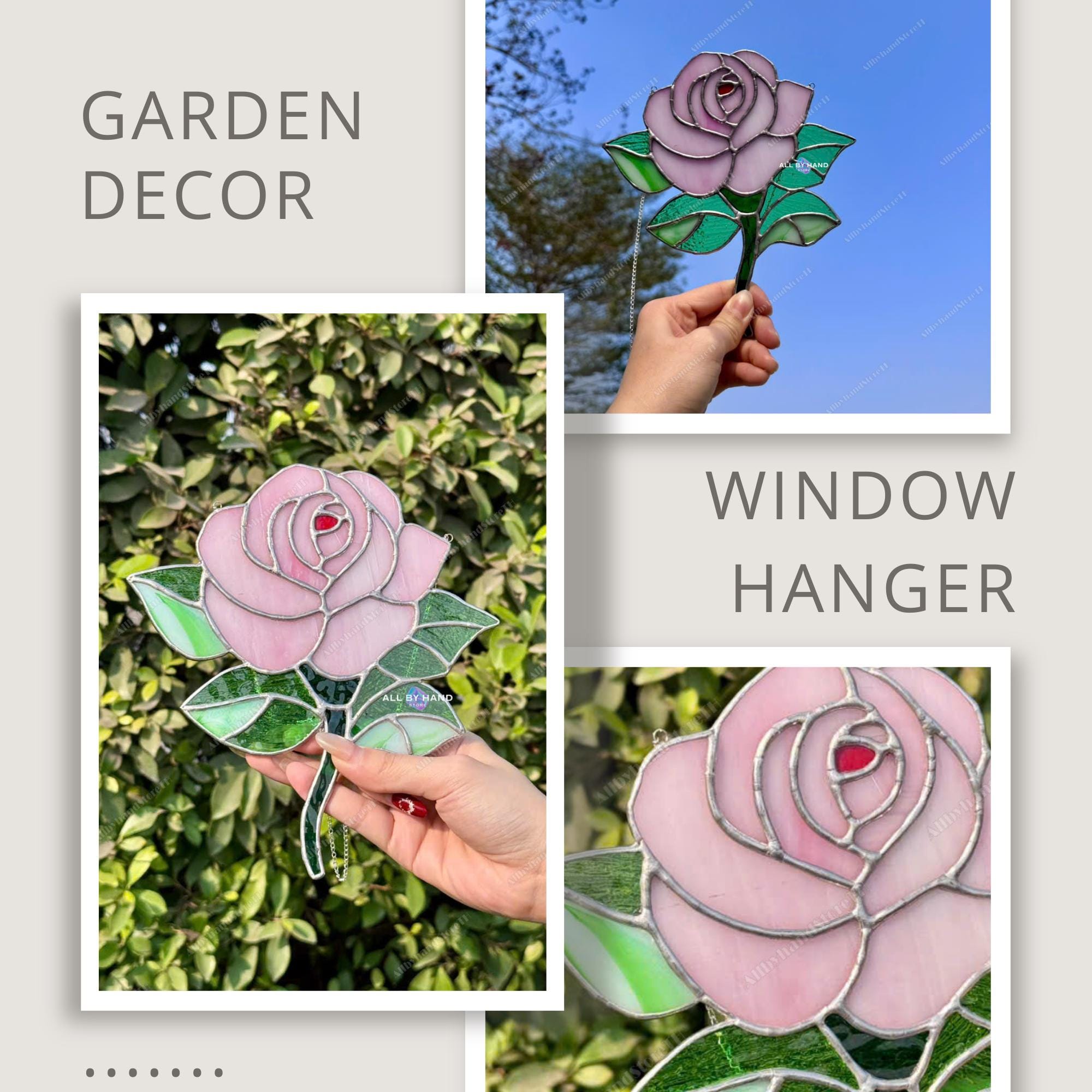 thumbnail image 2 of Handcrafted Stained Glass Pink Rose Suncatcher - November Birth Flower Home Decor 2 of 14