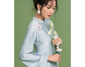 Vietnamese Light Blue Silk Brocade Ao Dai: Modern Flare Sleeve, Bow Detail, Tet Ceremony Outfit