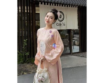 Pink Silk Brocade Ao Dai Dress Elegant Hydrangea Bow Neck Vietnamese Traditional Outfit Waist Detail Formal Wear Wedding Photoshoot