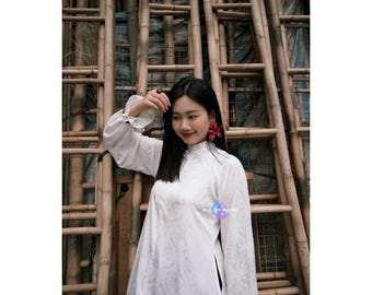 Modern Ao Dai Women Plus Size White Silk Vietnamese Modern Dress Photoshoot