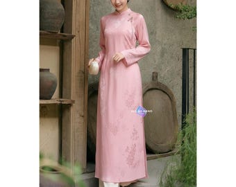 Ao Dai Women Vietnamese Traditional Dress Pink Silk Brocade Floral Jacquard Elegant Bridal Outfit Gift Pre-Order Plus Size 5-6 Weeks