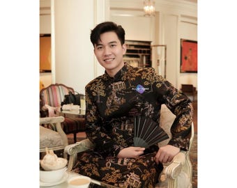 Mens Modern Ao Dai Tafta Brocade Vietnamese Traditional Tunic Black Red White Landscape Pattern Formal Wedding Tet Outfit