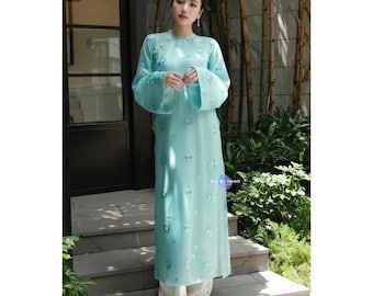 Women's Vietnamese Ao Dai Huong Lien Embroidered Organza 4 Panel Long Dress Soft Silk Lining Elegant Traditional Tet Wedding Outfit