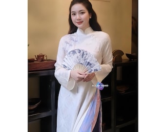 White Brocade Ao Dai Dress Four Panel Traditional Vietnamese Dress Longevity Pattern Elegant Long Sleeve Wear Mid Autumn Festival Photoshoot