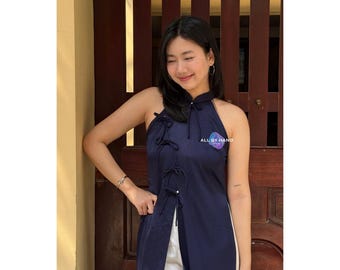Modern Ao Dai Women Halter Yem Blue Silk Vietnamese Modern Dress Photoshoot