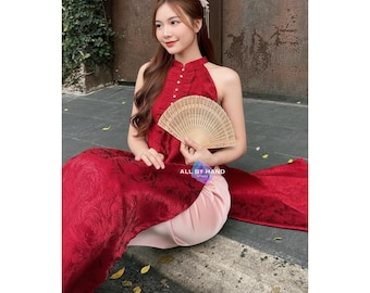 Modern Burgundy Ao Dai Halter Dress Vietnamese Traditional Brocade Silk Outfit For Wedding Tea Ceremony Engagement Events Summer Photoshoot