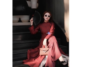 Red Silk Ao Dai For Women Modern Vietnamese Four Panel Traditional Dress Elegant Tet Tea Ceremony Wedding Style Engagement Photos