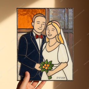 写真から作るウェディングステンドグラス、カスタムポートレート、結婚式ポートレート、ガラスアート、ウェディングギフト、窓用サンキャッチャー、パーソナライズ