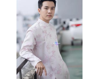 Pink Brocade Men's Ao Dai 2026 Modern Vietnamese Traditional Tunic with Shoulder Pads Tet Wedding Tea Ceremony Outfit Pink Ao Dai Men 2026