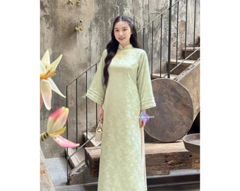 Women's Modern Vietnamese Ao Dai Green Silk Brocade Bamboo Blossom Pattern Traditional Dress Tet Wedding Festival Outfit Ao Dai Green