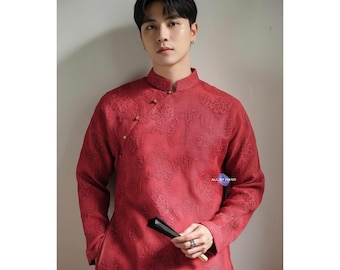 Men Ao Dai Traditional Vietnamese Wedding Tet Cloud Weave Silk Double Layer Red Or Green Groom Wear For Tea Ceremony Photos Portraits