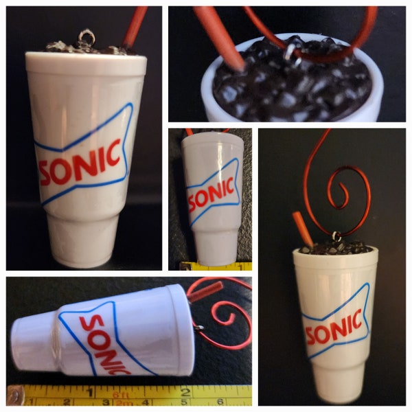 Sonic Footlong Hotdog Ornament, Sonic Cherry Limeade, Sonic Chocolate Shake, Mini Tabletop Tree Ornament, Mini Sonic Cheeseburger, Sonic Tot